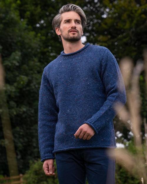 100% Donegal Roll Neck Sweater Light Blue