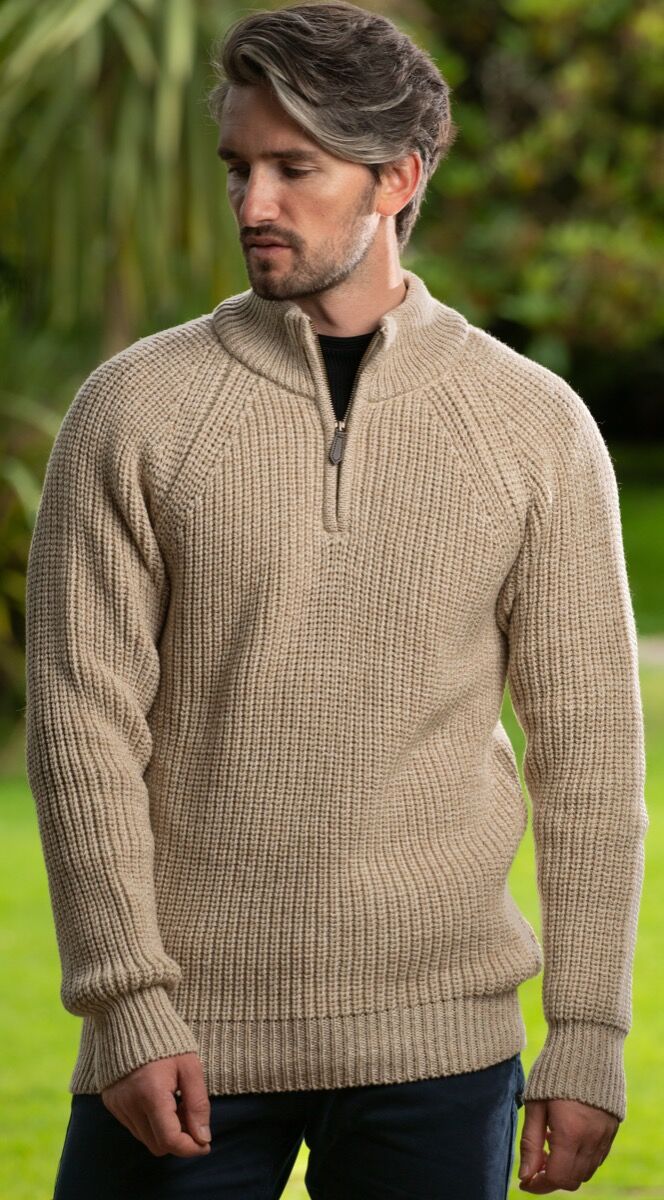 Men's half zip ribbed sweater Camel