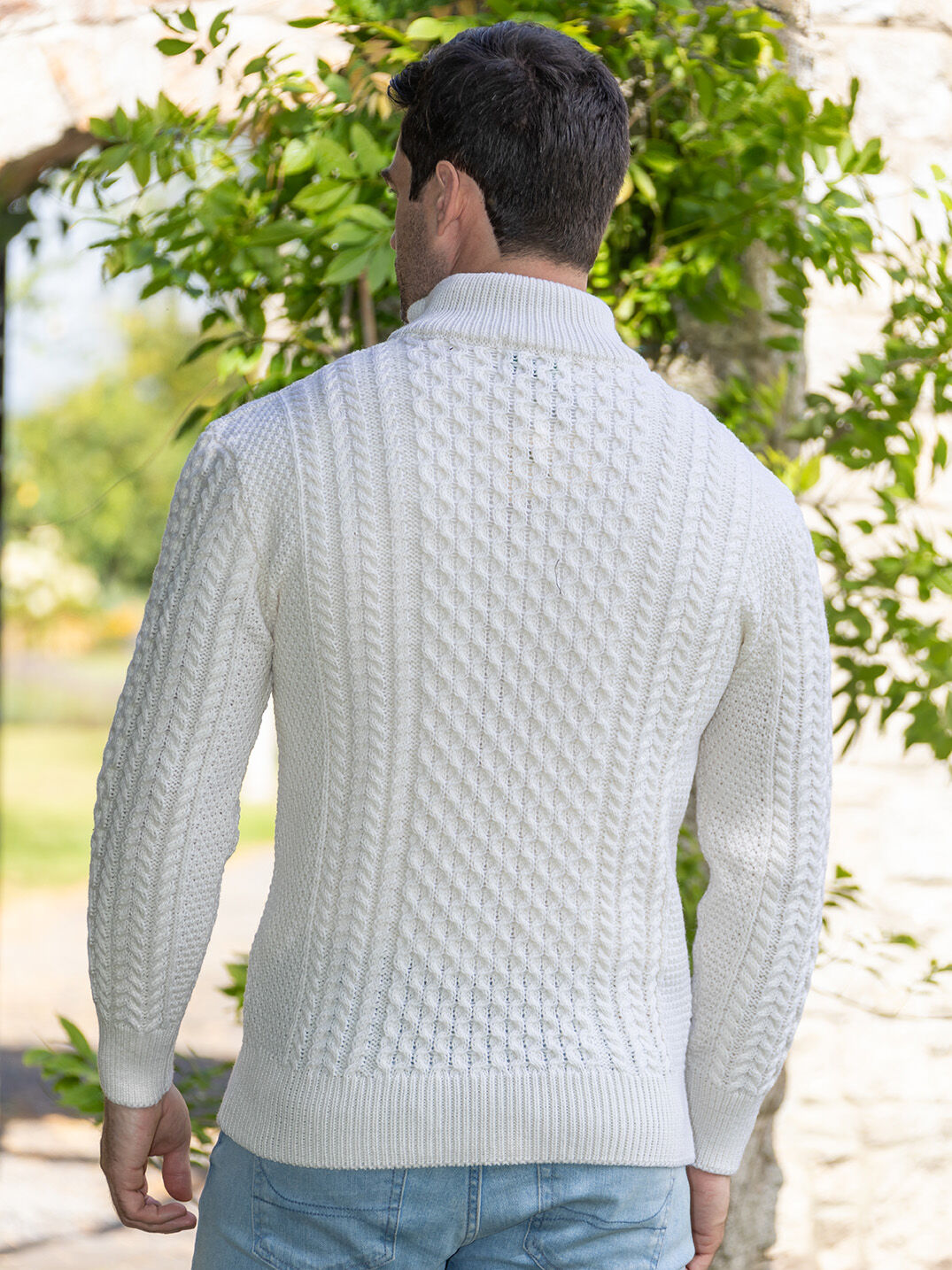 Mens Aran Half Zip Neck Sweater Natural