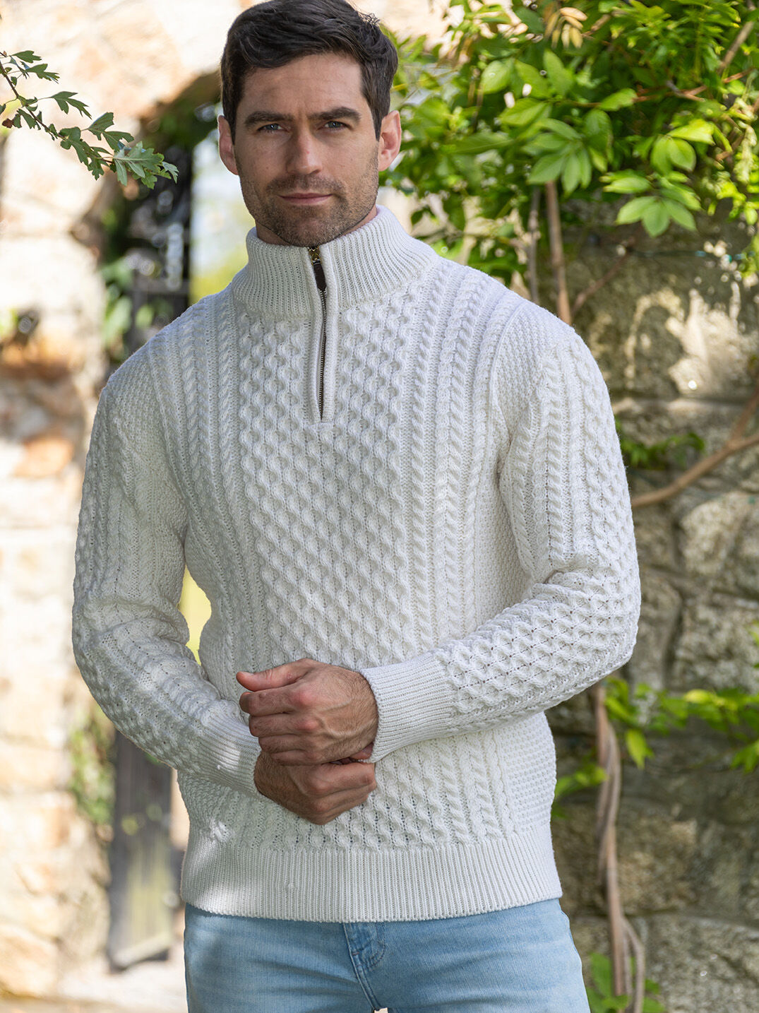 Mens Aran Half Zip Neck Sweater Natural