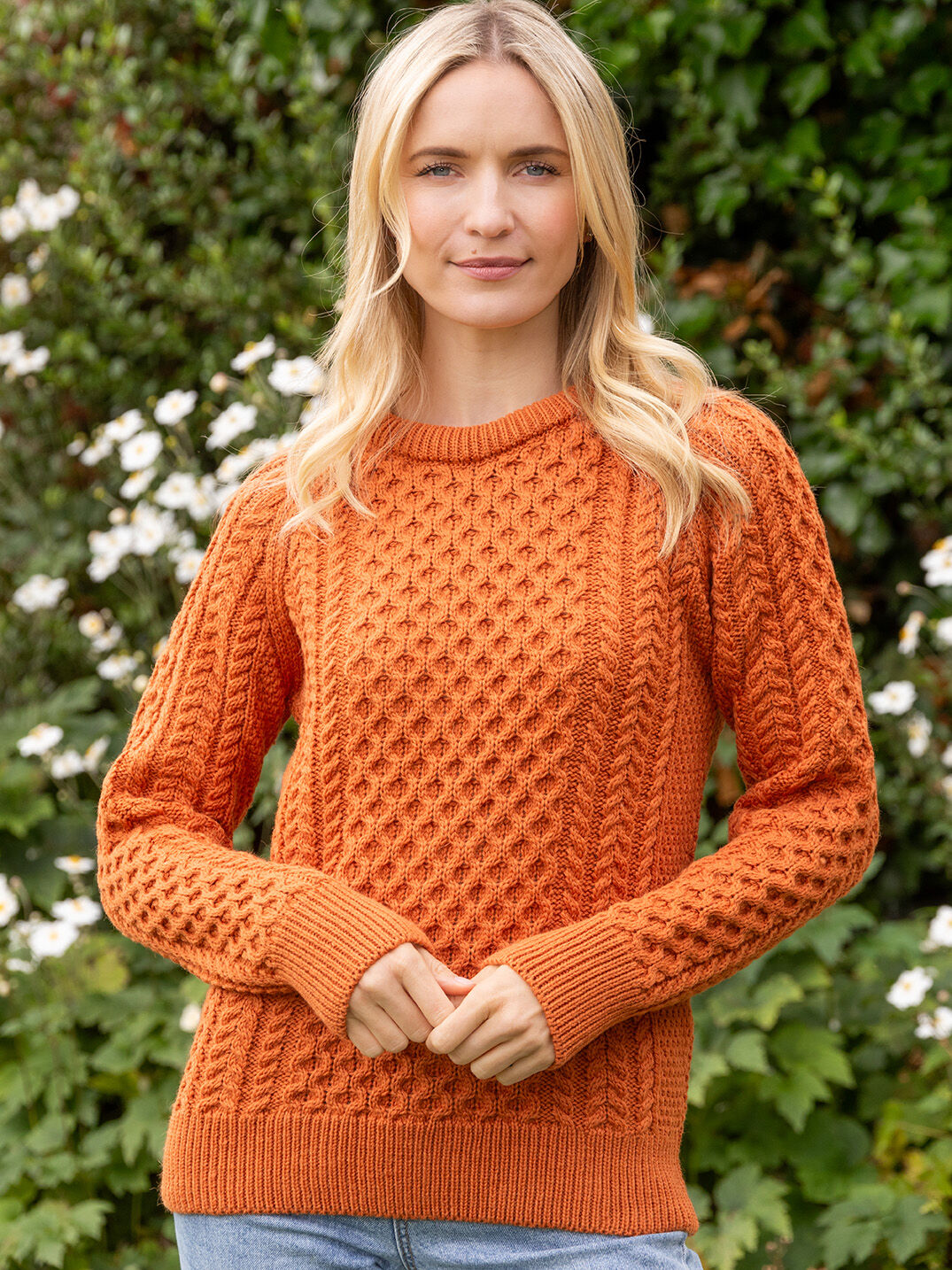 Ladies Merino Wool Aran Sweater - Orange