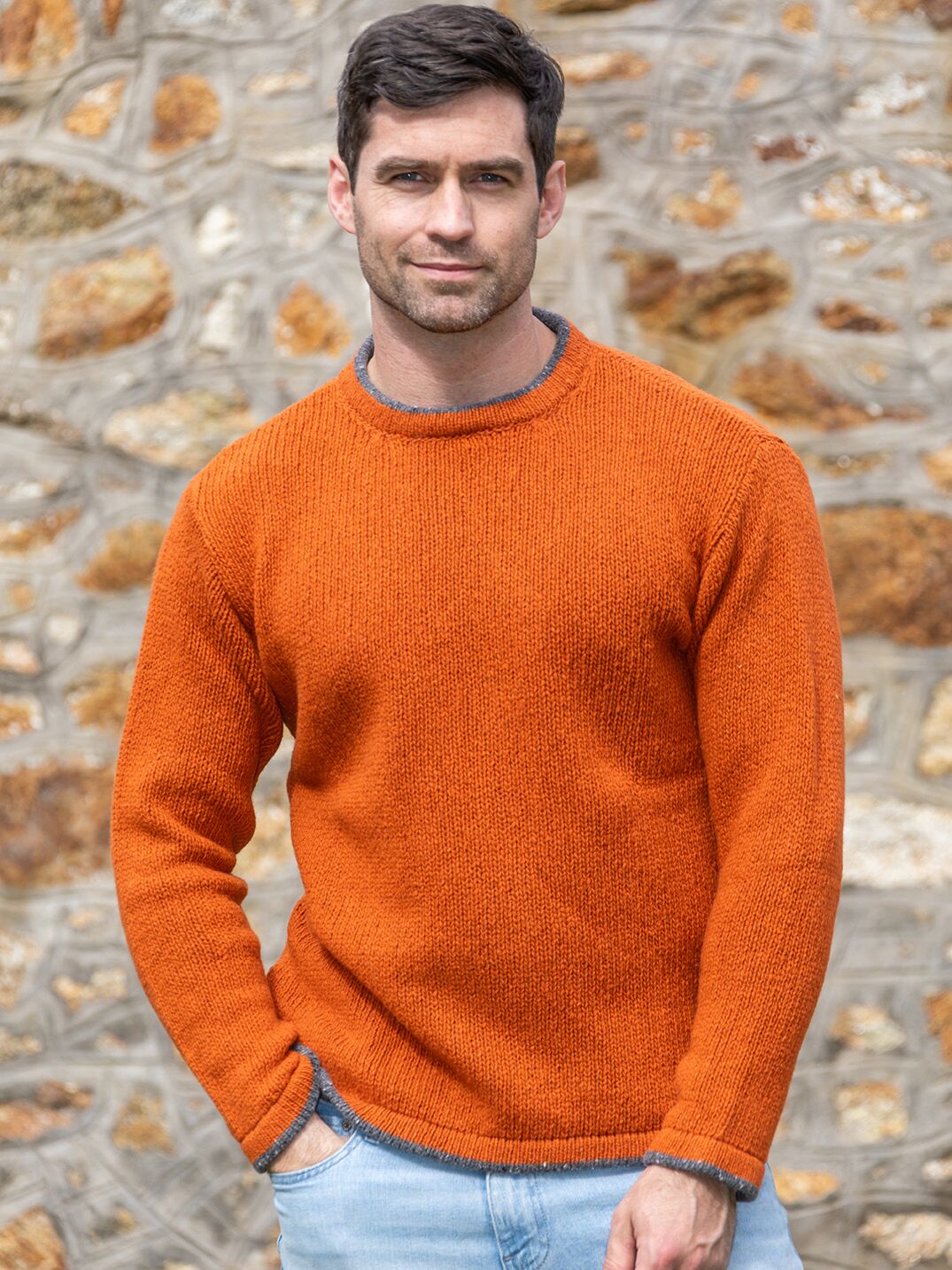 Men's Crew Neck Wool and Cashmere Sweater Terracotta