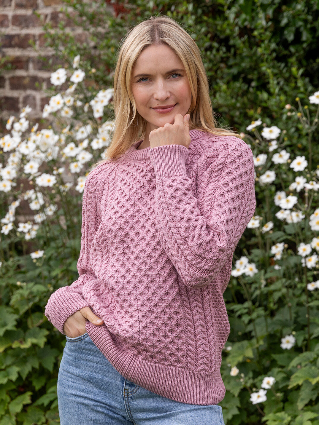 Ladies Merino Wool Fitted Aran Sweater Pink