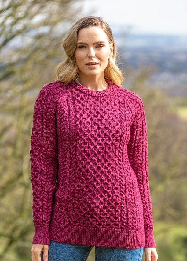 Ladies Merino Wool Fitted Aran Sweater Raspberry
