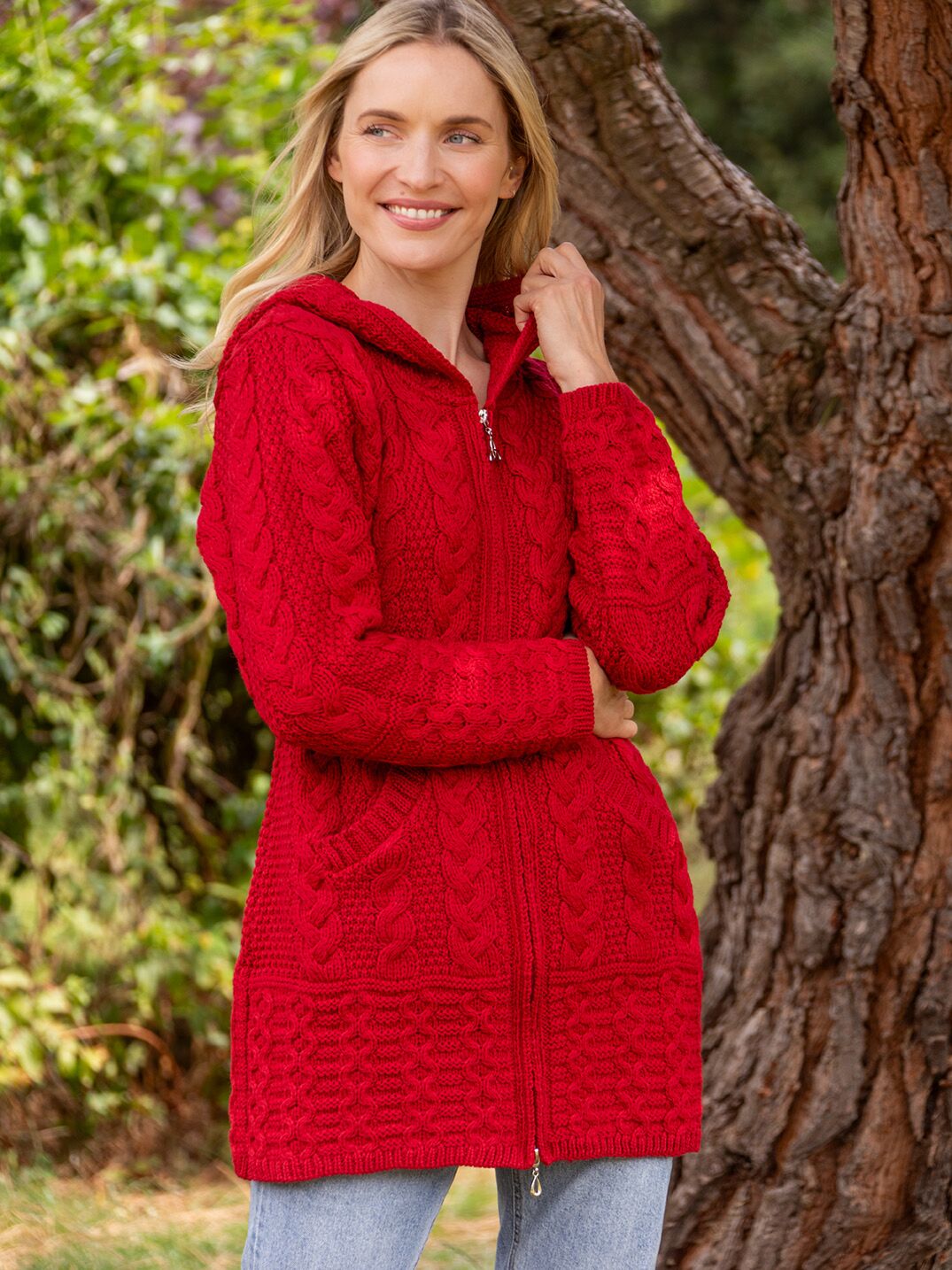 Hooded Coat with Celtic Knot Zipper Cherry