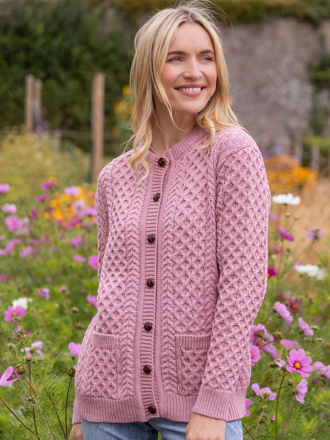 Irish Aran Lumber Cardigan Rose