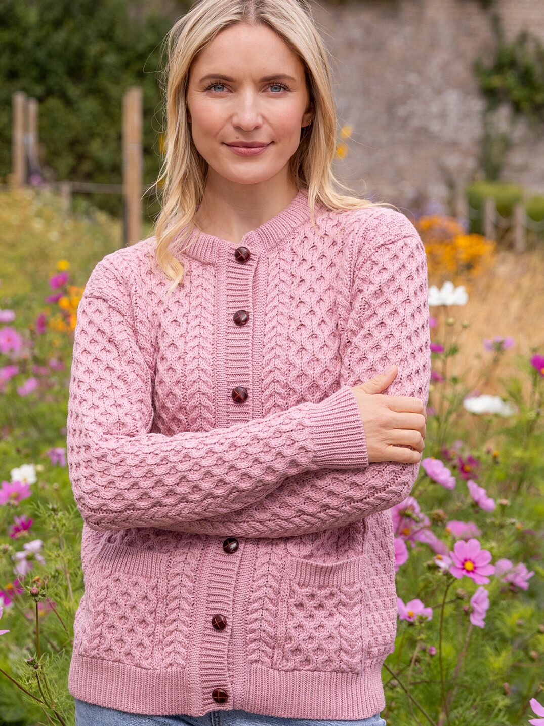 Irish Aran Lumber Cardigan Rose