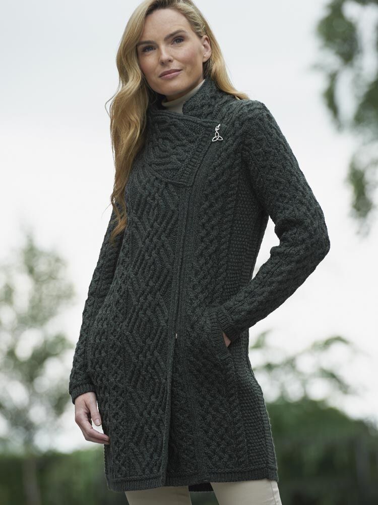 Womens Aran sweater Coat side zip Army Green