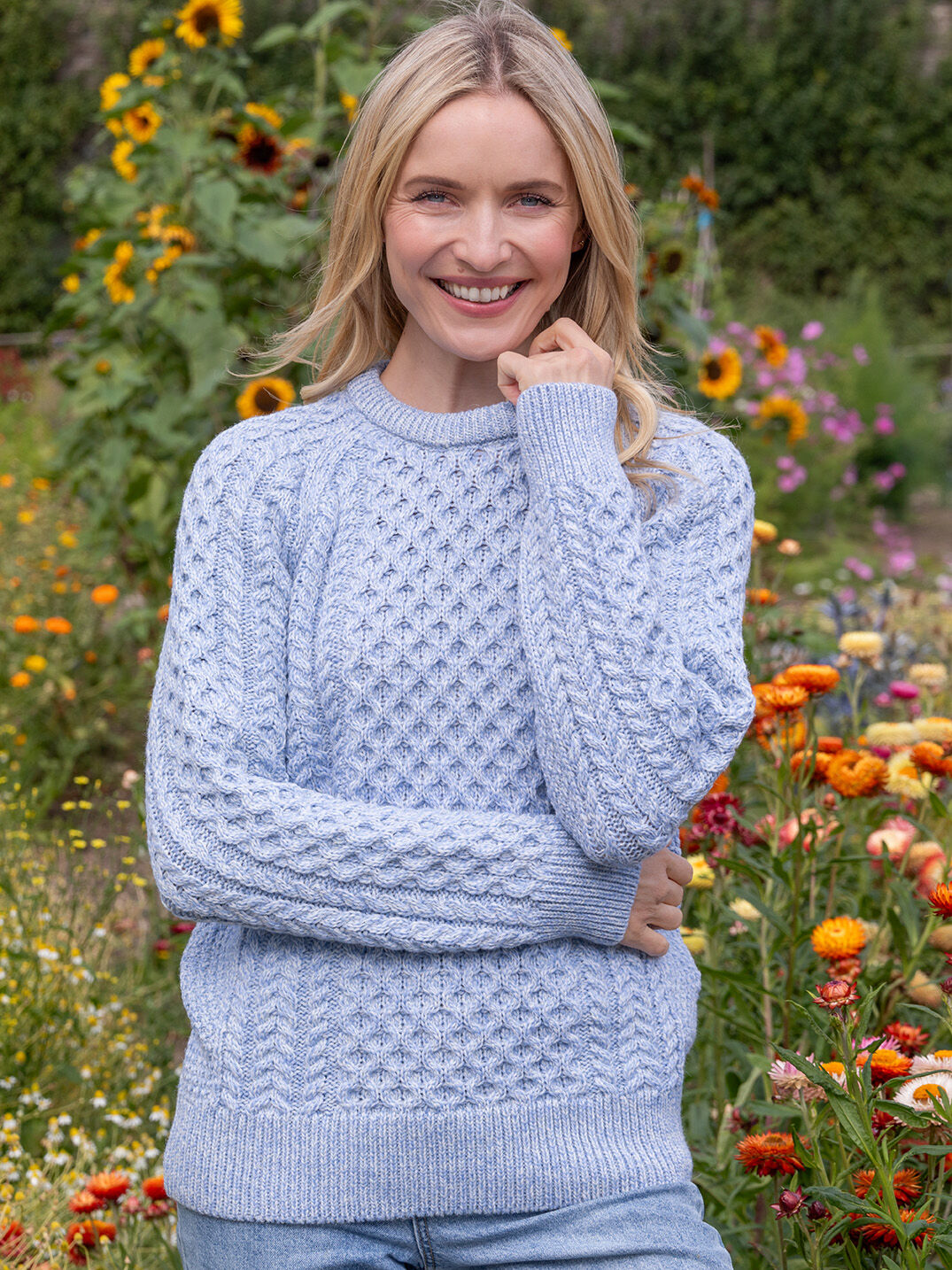 Ladies Merino Wool Fitted Aran Sweater Sky Blue