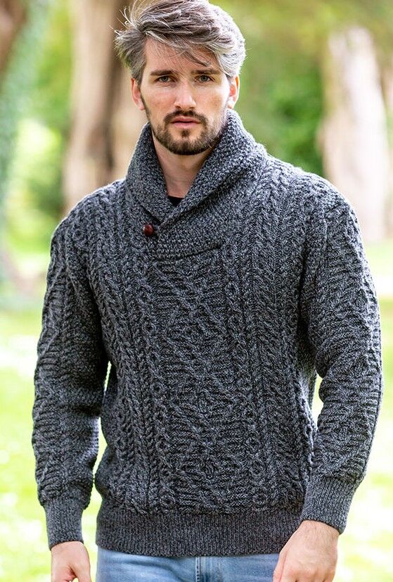 Shawl Neck Aran Sweater Slate